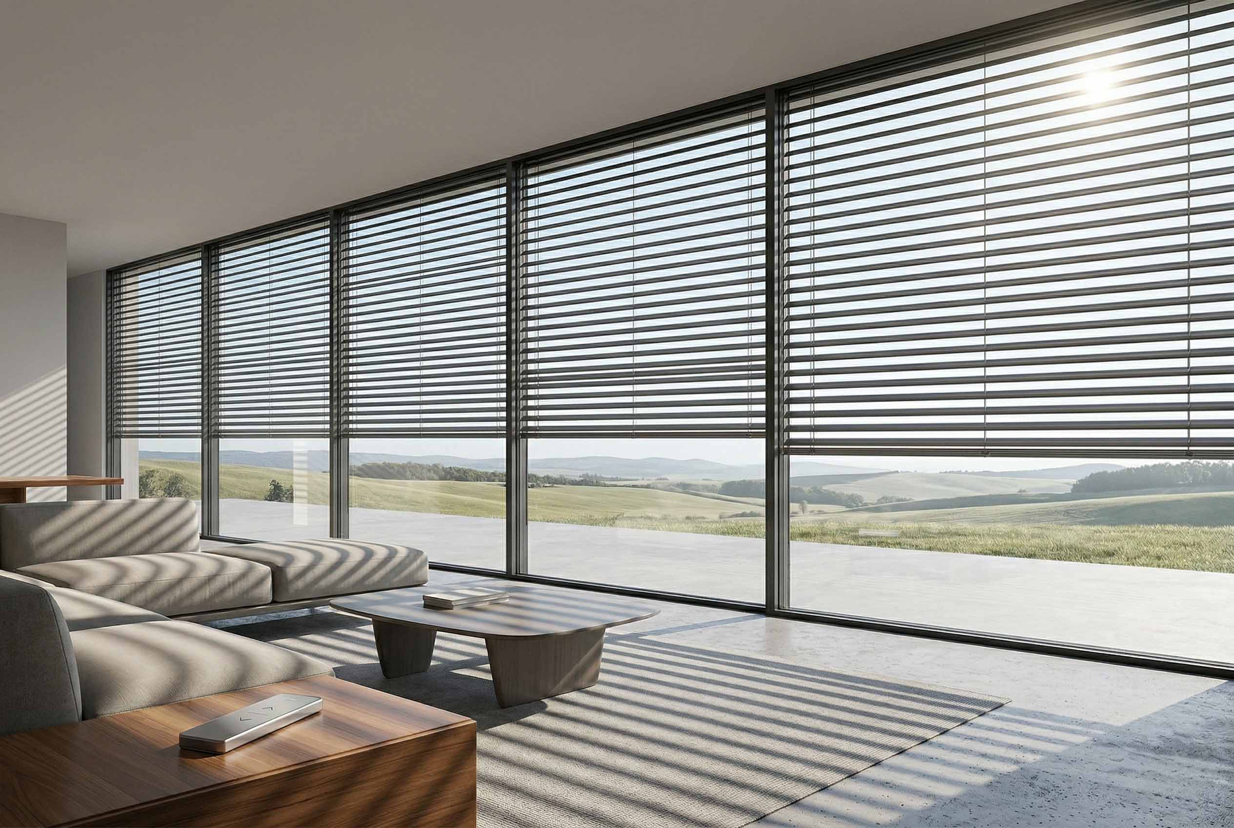 Motorized shading in a bright modern interior